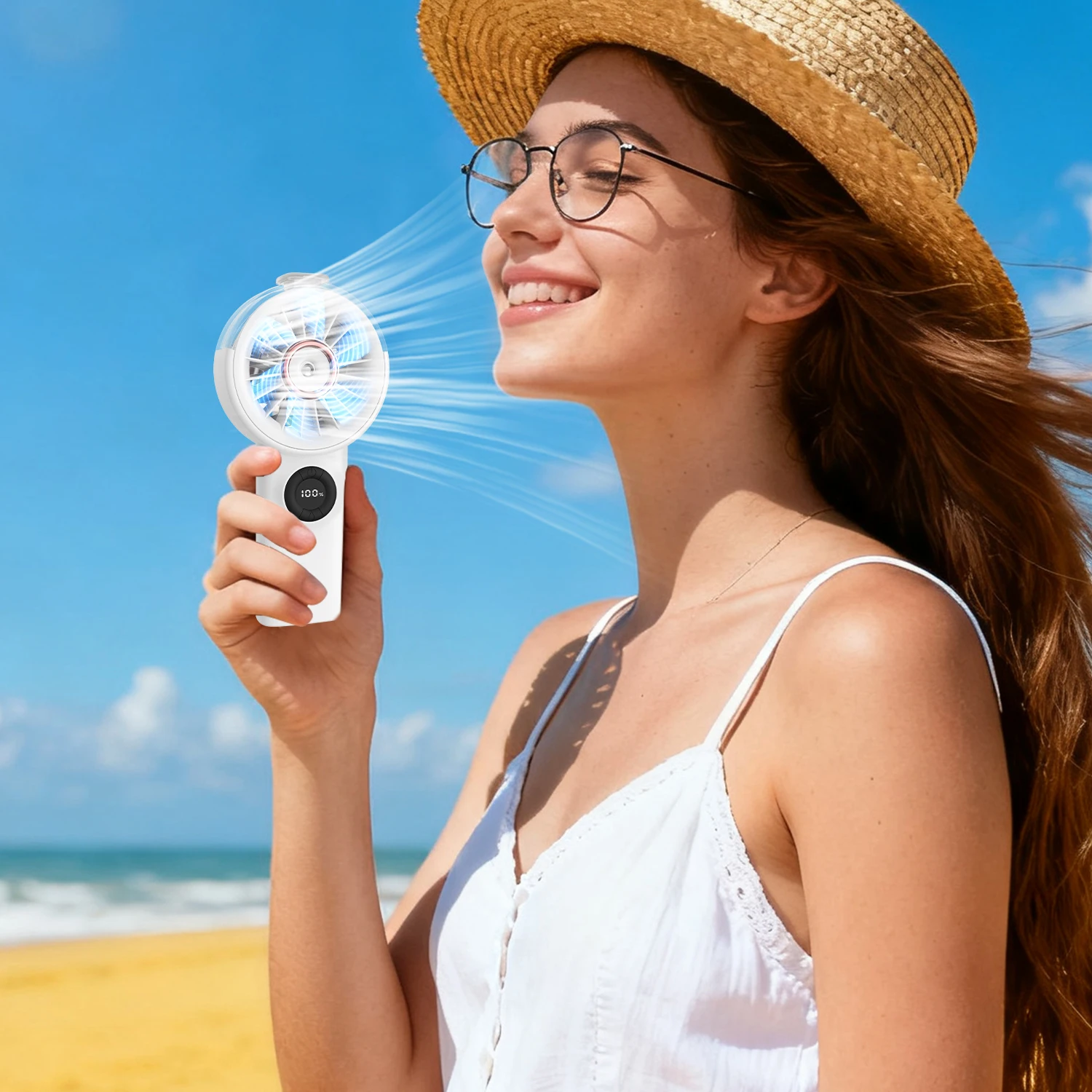 Handgehaltener Zerstäubungsventilator mit leistungsstarker 100-Stufen-Windkraftzerstäubung, feuchtigkeitsspendend und erfrischend, mit Powerbank-Funktion. Image