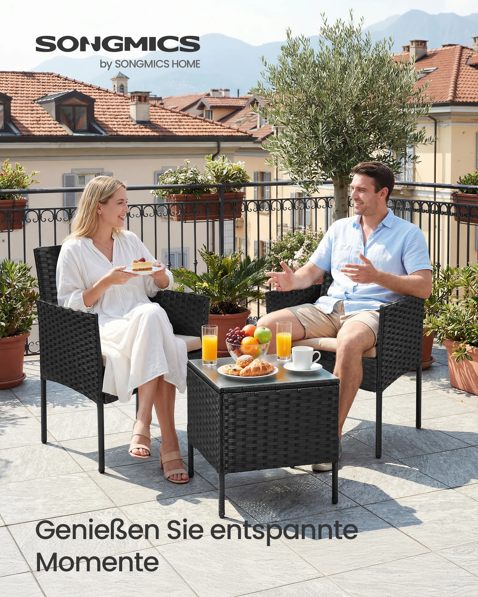 SONGMICS Balkonmöbel, Gartenmöbel-Set, aus PE-Polyrattan, Lounge-Set, Tisch und 2 Stühle, Terrassenmöbel, Outdoor, für Terrasse, Balkon, Garten