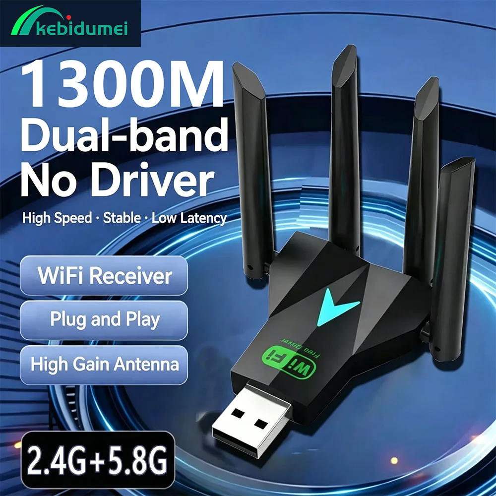 Kebidumei 1300Mbps WiFi USB-Adapter Dual Band 2,4G/5Ghz Wi-Fi Dongle USB3.0 802.11AC 4-Antennen-Wireless-Empfänger für PC/Laptop ﻿ Image