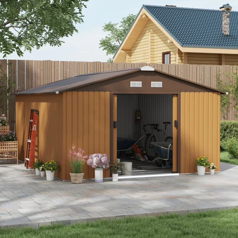 Abri de jardin/chalet 340 x 386 x 200 cm ​ ​ Abri de jardin / remise. Fabriqué en métal robuste, idéal pour ranger les outils agricoles dans une cour ou un jardin, et peut également servir de remise