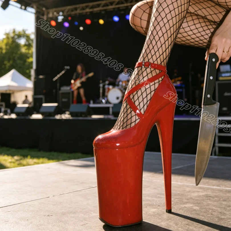 Rote Plateau-Lederpumps 26CM Stiletto Runde Spitze Knöchelriemen Neue Stylische Sommer-Damenschuhe Sexy Tanzschuhe Zapatos Para Mujeres