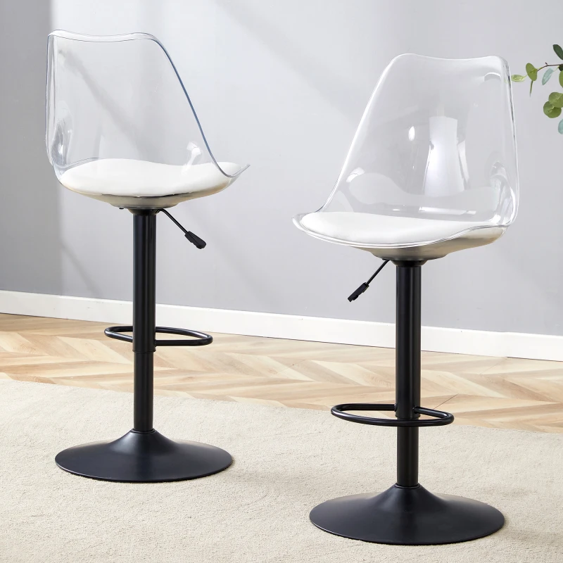 Moderner, verstellbarer Barhocker-Set, 2-teilig, mit transparenten Kunststoffrückenlehnen und PU-Ledersitzen, schwarzen Metallbeinen. Höhenverstellbar und 360° drehbar ° Drehbar, geeignet für Küchen, Bistros usw.