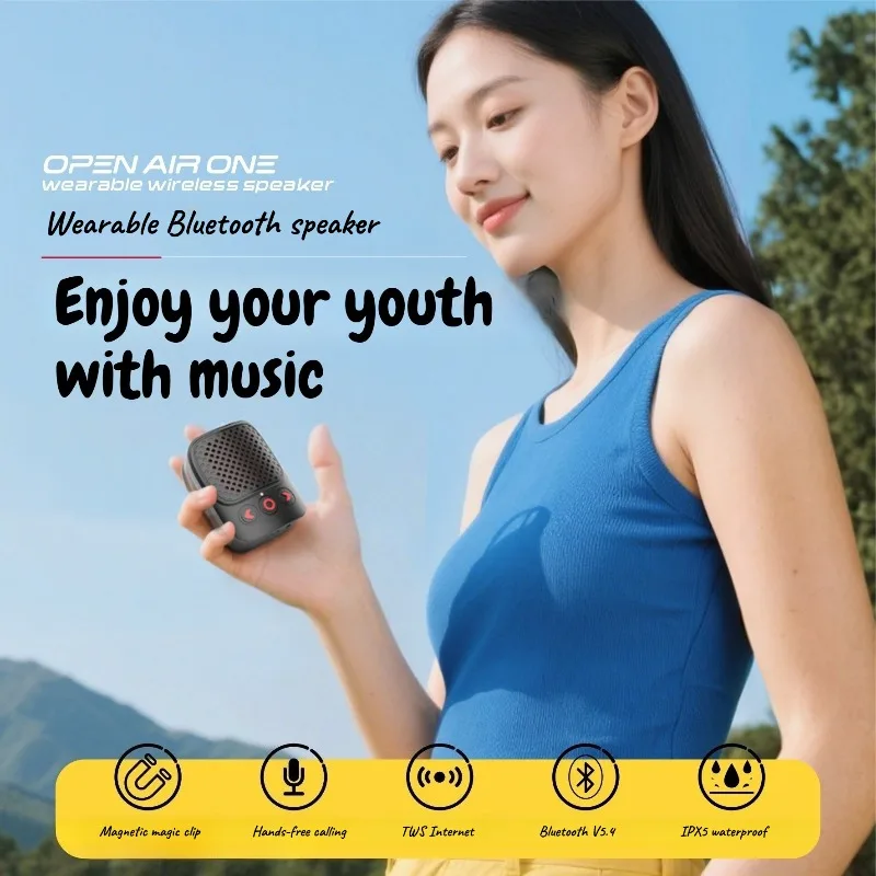 Enceinte Bluetooth portable Open Air One, enceinte sans fil à clip magnétique étanche IPX5, mini enceinte stéréo Bluetooth 5.4 TWS avec fonction d
