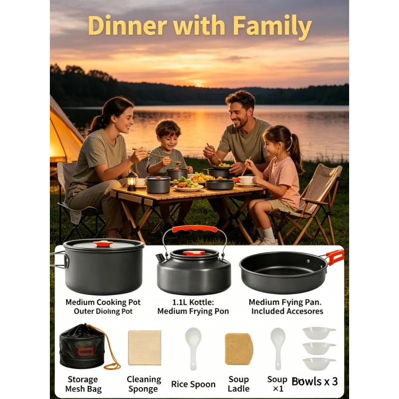 Camping-Kochgeschirr-Set – Ultraleichtes Aluminium-Kochtopf- und Kessel-Set für Outdoor-Küche, Tragbares Reise-Geschirrset mit Aufbewahrungstasche Image