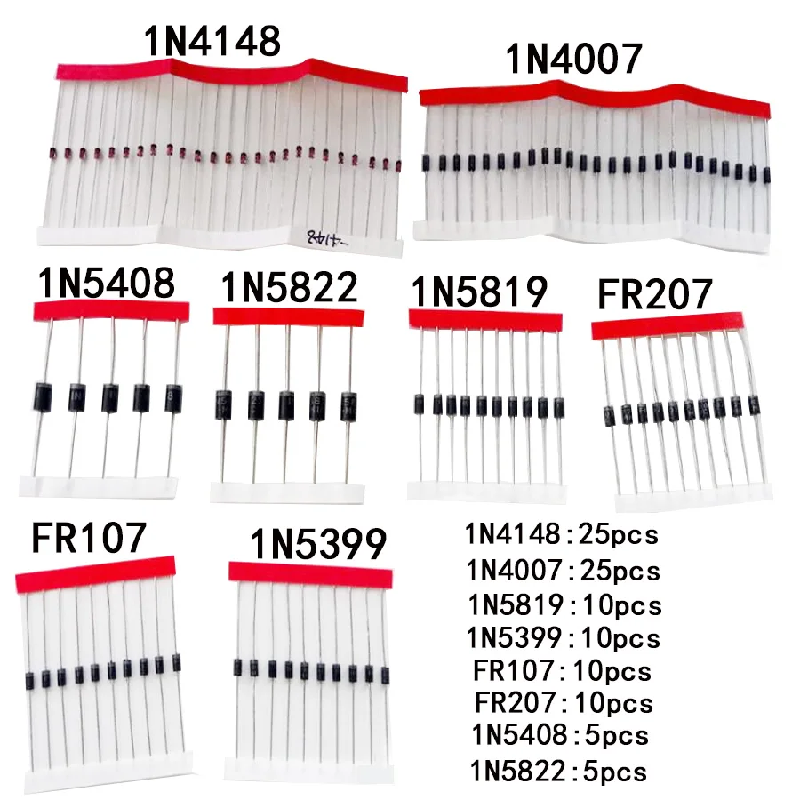 Schnellschalt-Schottky-Dioden-Kit-Set 1N4148 1N4007 1N5819 1N5399 1N5408 1N5822 FR107 FR207, 8 Werte = 100 Stück, elektronische Komponenten Image