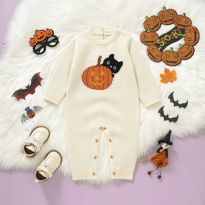 Baby Halloween Strampler Kleidung Niedlicher Kürbis Strick Neugeborenen Jungen Mädchen Langarm Overalls 0-18m Einteiliges Kleinkind Outfit Image