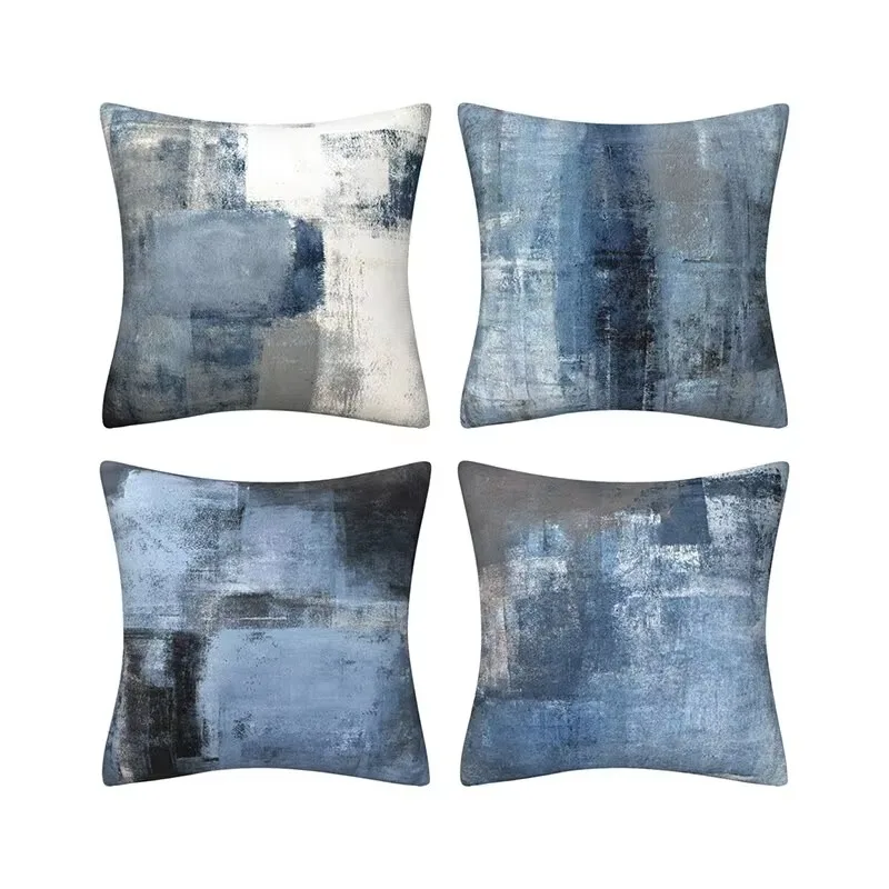 45X45CM Blau Grau Abstraktes Ölgemälde Muster Design Wurfkissenbezug Heimdekoration Büro Sofa Weiche Kissenbezüge Trendy Image