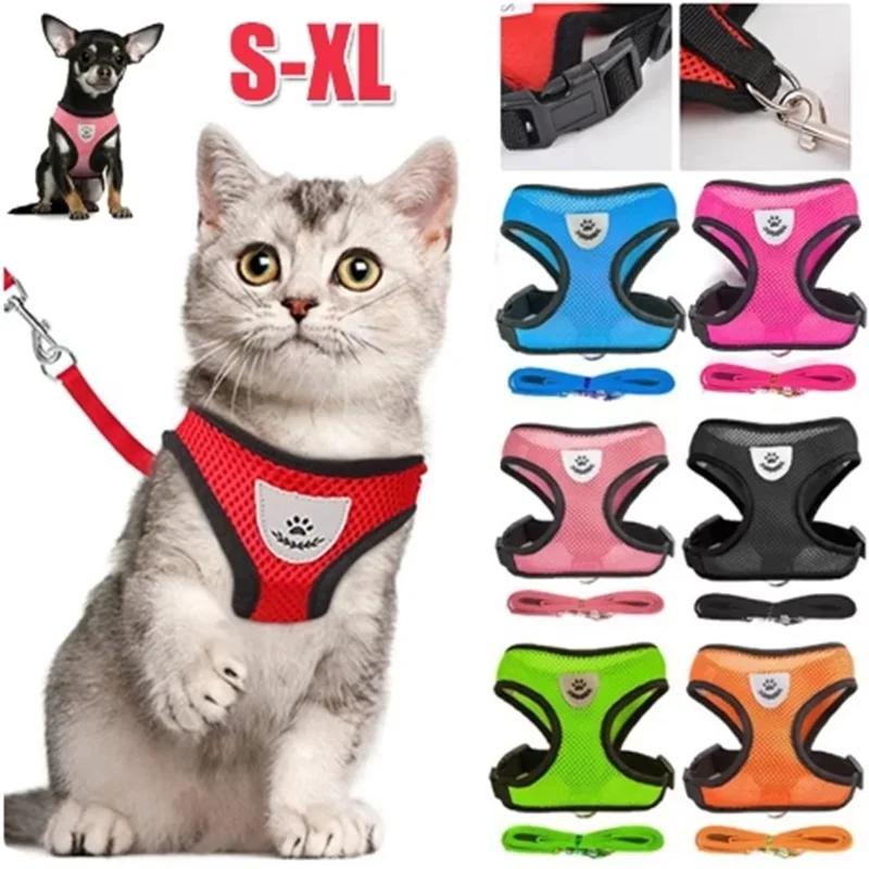 Haustier-Halsband für Katzen und Hunde mit Leine, verstellbare Weste, Polyester-Mesh, atmungsaktive Geschirre, reflektierend, für kleine Hunde und Katzen, Zubehör Image