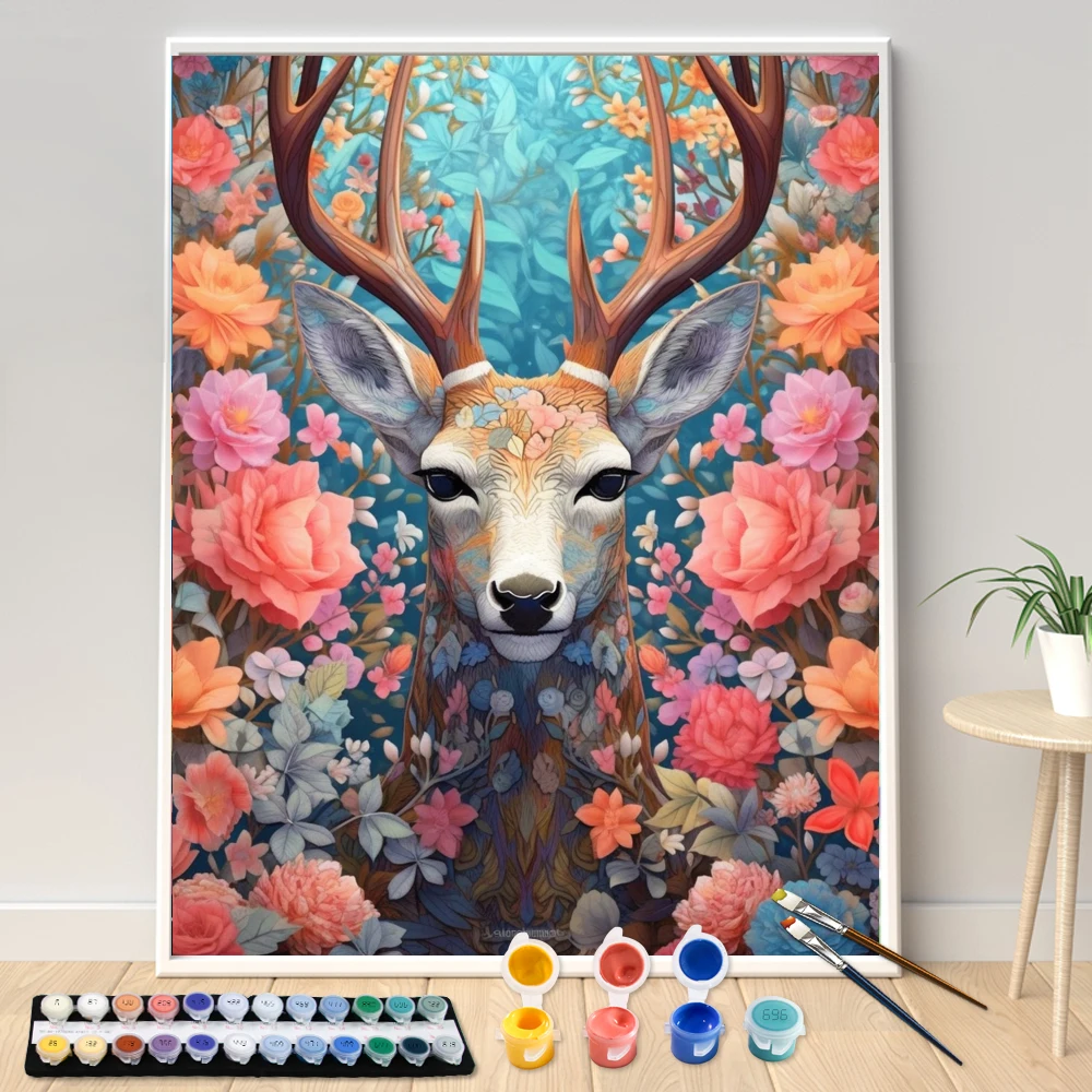 Malen nach Zahlen, 40 x 50 cm, Sets mit Blumen und Hirschen im Wald, Bild nach Zahlen für Heimdekoration, handgemaltes DIY-Geschenk Image