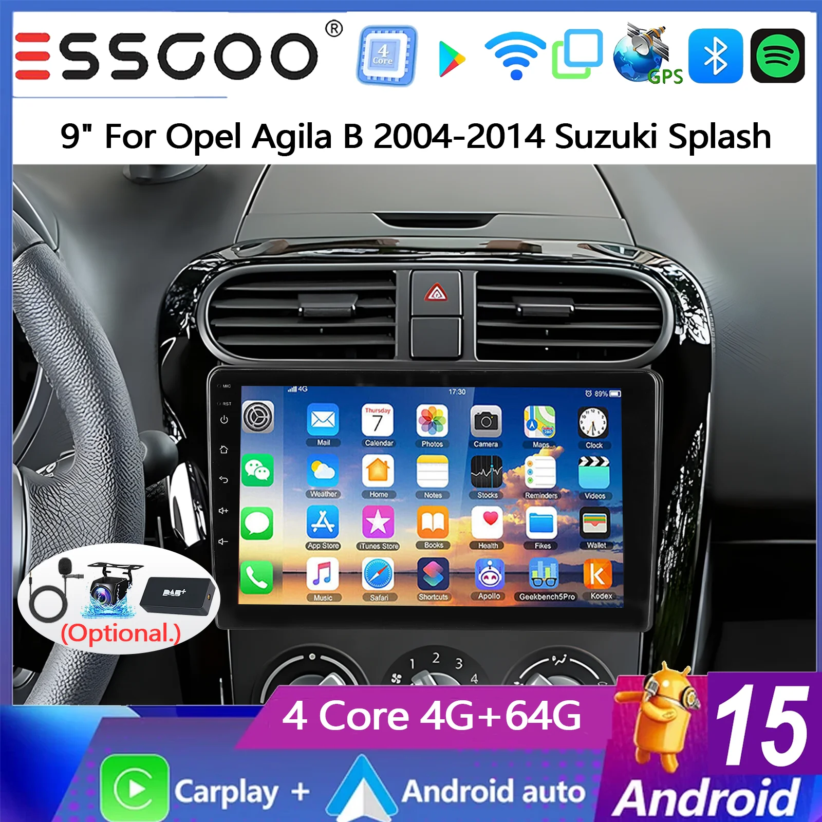 ESSGOO 9-Zoll Android 15 4+64G Autoradio für Opel Agila B 2004-2014 Suzuki Splash GPS-Navigation Kabelloses Carplay Android Auto FM Bluetooth RDS SWC Wifi ASP Mirror Link IPS Touchscreen Image
