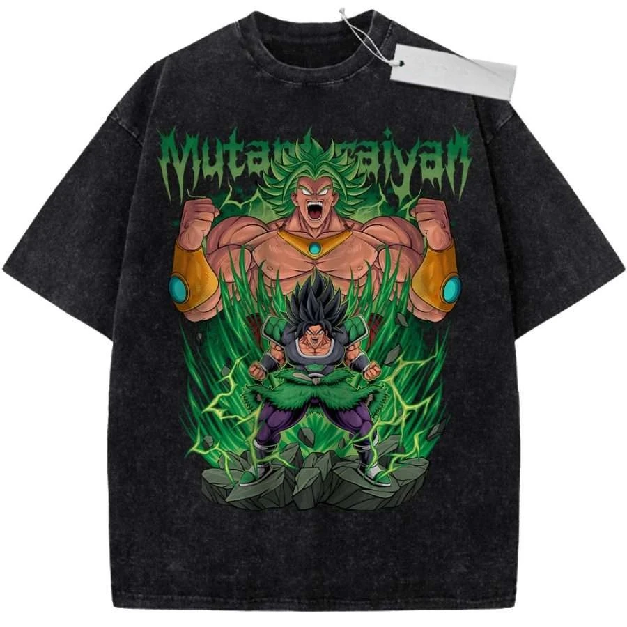 Unisex Gewaschenes Schwarzes Vintage T-Shirt Dragon Ball Broly Super Saiyan Grün Hochwertiger Stoff für Zuhause Freizeit Reisen Einkaufen