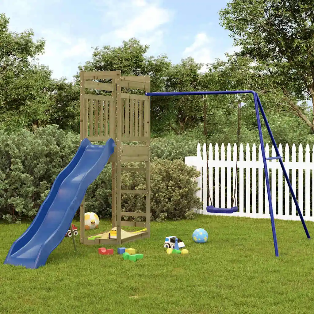 Outdoor-Spielplatz aus imprägniertem Kiefernholz 242 x 335 x 207 cm mit Schaukel und Rutsche für Garten-Spaß für Kinder in verschiedenen Farben Image