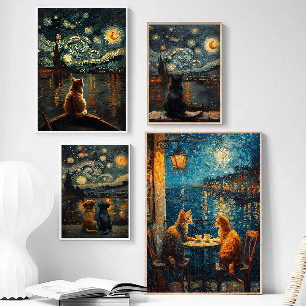 Vintage Van Gogh Sternennacht Lustiges Katzen- und Hundebild Boot Wandkunst Poster Drucke Leinwandgemälde Wandbilder Heim- und Raumdekoration