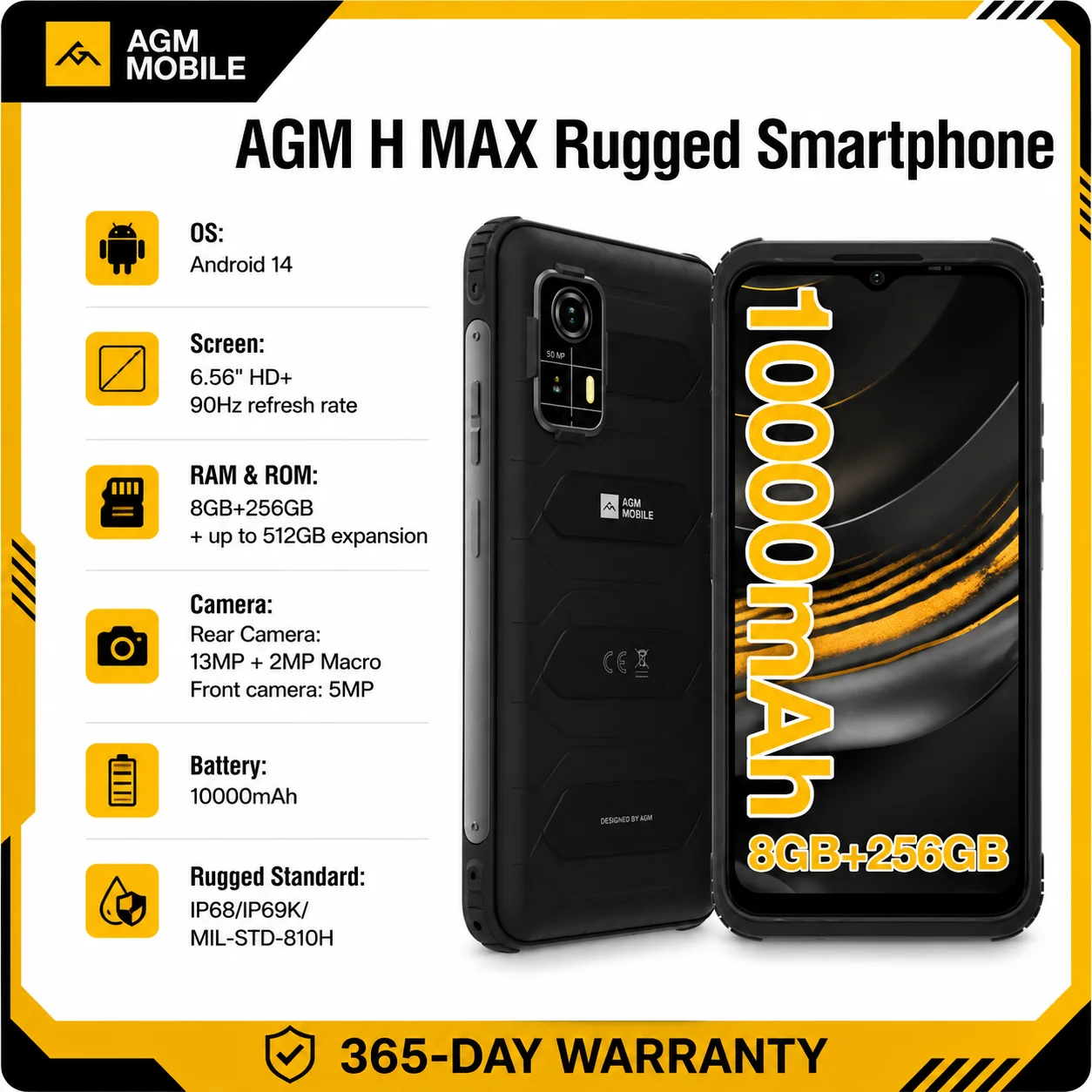 AGM H MAX Rugged Smartphone 8+256GB 10000mAh Battery HD+ Display 3 Card Slot NFC OTG Reverse Charge Waterproof Smartphone