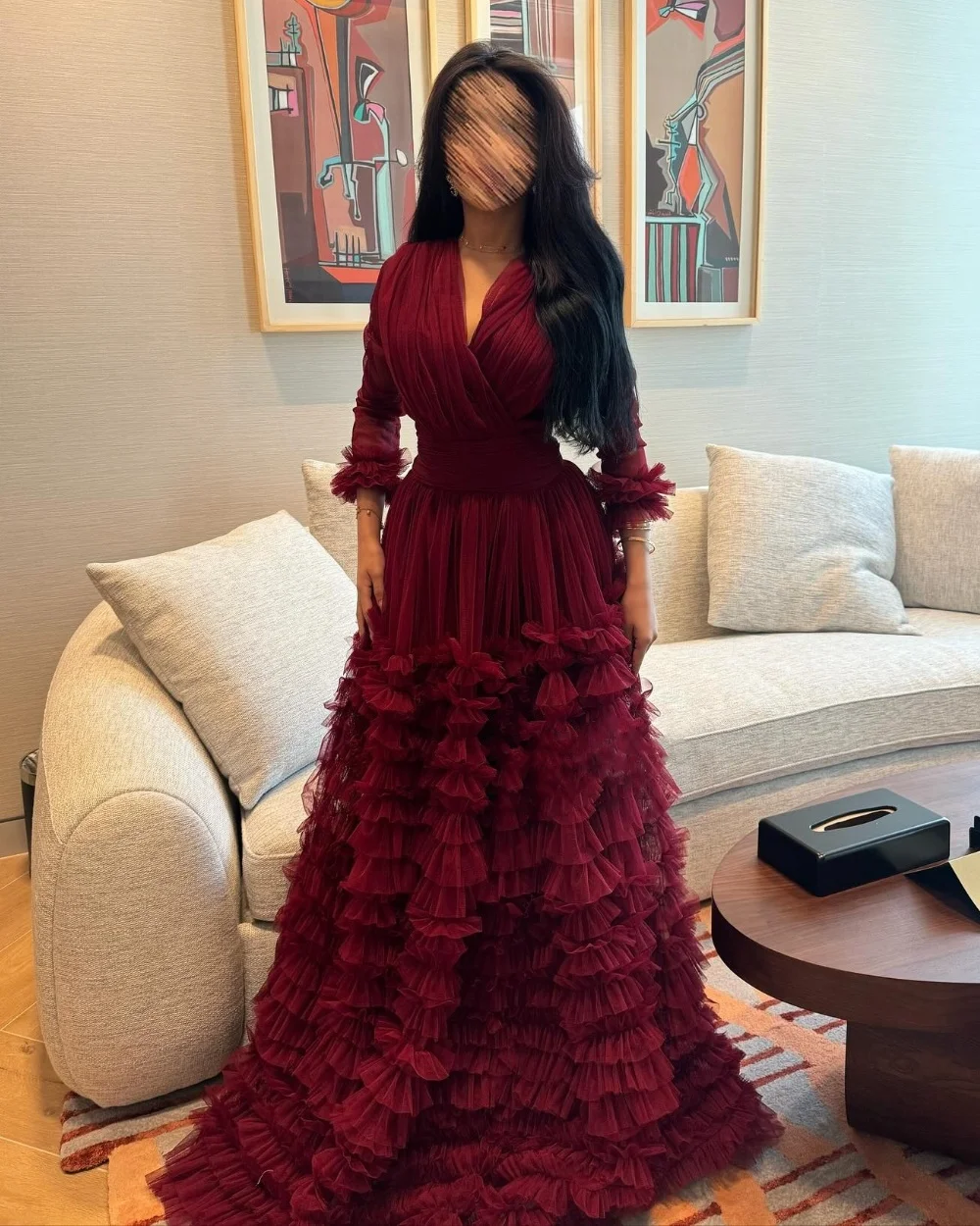 Customized Matching Exquisite Tulle Pleat Ruched Tiered A-line V-neck Long Dresses Bespoke Occasion Dresses Sizes Available Sexy