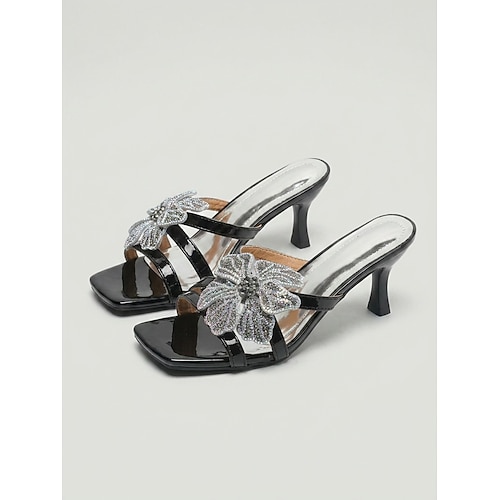 Strassblumen-Sandalen mit hohem Absatz für Damen – schwarze Lackleder-Sandalen mit Riemchen und eckiger Zehenpartie für Abendveranstaltungen, Luxusresorts und Kreuzfahrten Image