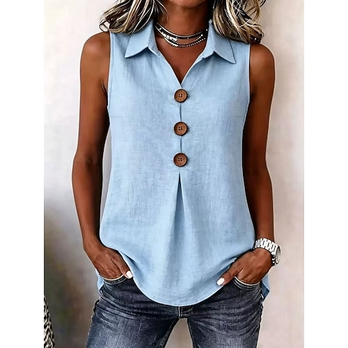 Damen 100% Baumwolle Bluse Plissiert Knöpfe Einfarbig Einfach Täglich Lässig Ärmellos V Ausschnitt Normale Oberteile Lässig Täglich Blau Khaki Weiß Rote Orange Sommer Frühling Herbst Image
