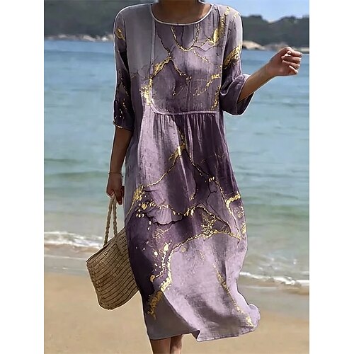 Damen Midikleid Shiftkleid Sommerkleid Urlaub Lässig Strand Strand Ausgehen Lässiger Schnitt Ombre Grafik Abstrakt Dreiviertelarm Rundhalsausschnitt Blau Rosa Purpur Grün Sommer Frühling Image