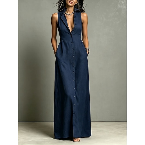 Damen Maxikleid A Linie Kleid Sommerkleid Lässig Täglich Normale Passform Einfach Ärmellos Revers Marineblau Schwarz Weiß Rote Sommer Image