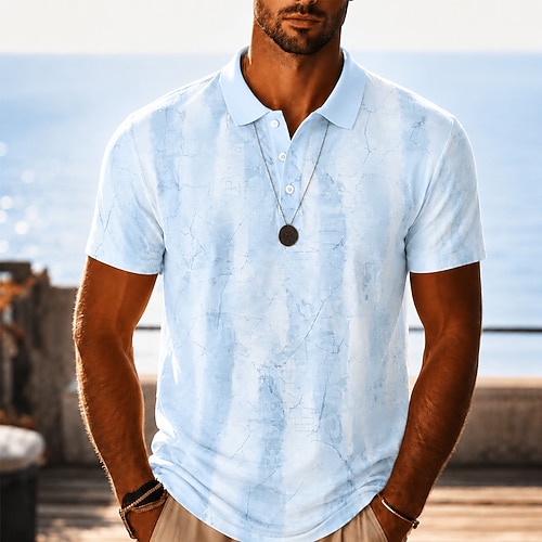 Herren Farbblock Geometrisch Hawaiianische Polohemden Kurzarm Polo-Shirts Revers Lässig Geschäft Athleisure 3D-Druck Knöpfe Atmungsaktives Gewebe Frühling Sommer Blau Purpur Grün Image