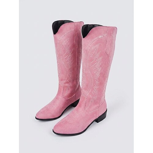 Pinkfarbene Western-Cowboystiefel für Damen – bestickte kniehohe Stiefel aus Wildlederimitat für Outdoor-Musikfestivals und Coachella-Outfits Country-Konzert Image
