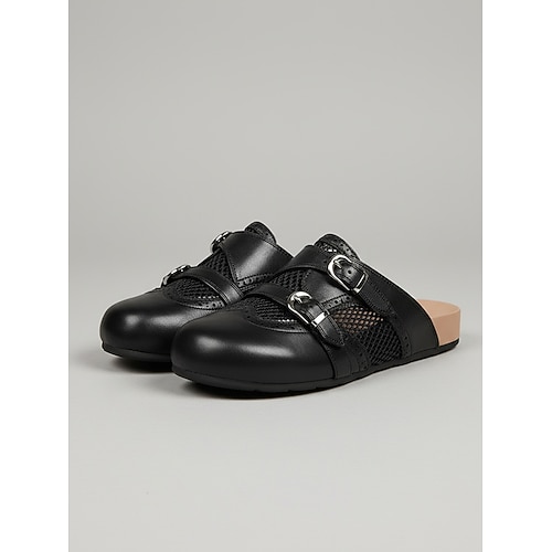 Schwarze Damen-Clogs aus Kunstleder mit Mesh-Einsätzen in weiter Passform – bequeme Slipper mit vorgeformtem Fußbett und atmungsaktivem Design, geschlossene Schuhe für Freizeit, Reisen und Alltag. Image