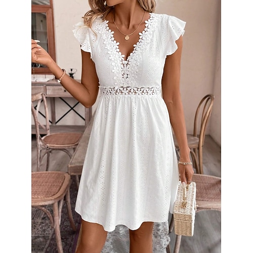 Damen Knielanges Kleid Sommerkleid Freizeitkleid Urlaub Lässig Boho Strand Party Date Normale Passform Einfach Ärmellos V Ausschnitt Weiß Sommer Frühling Image