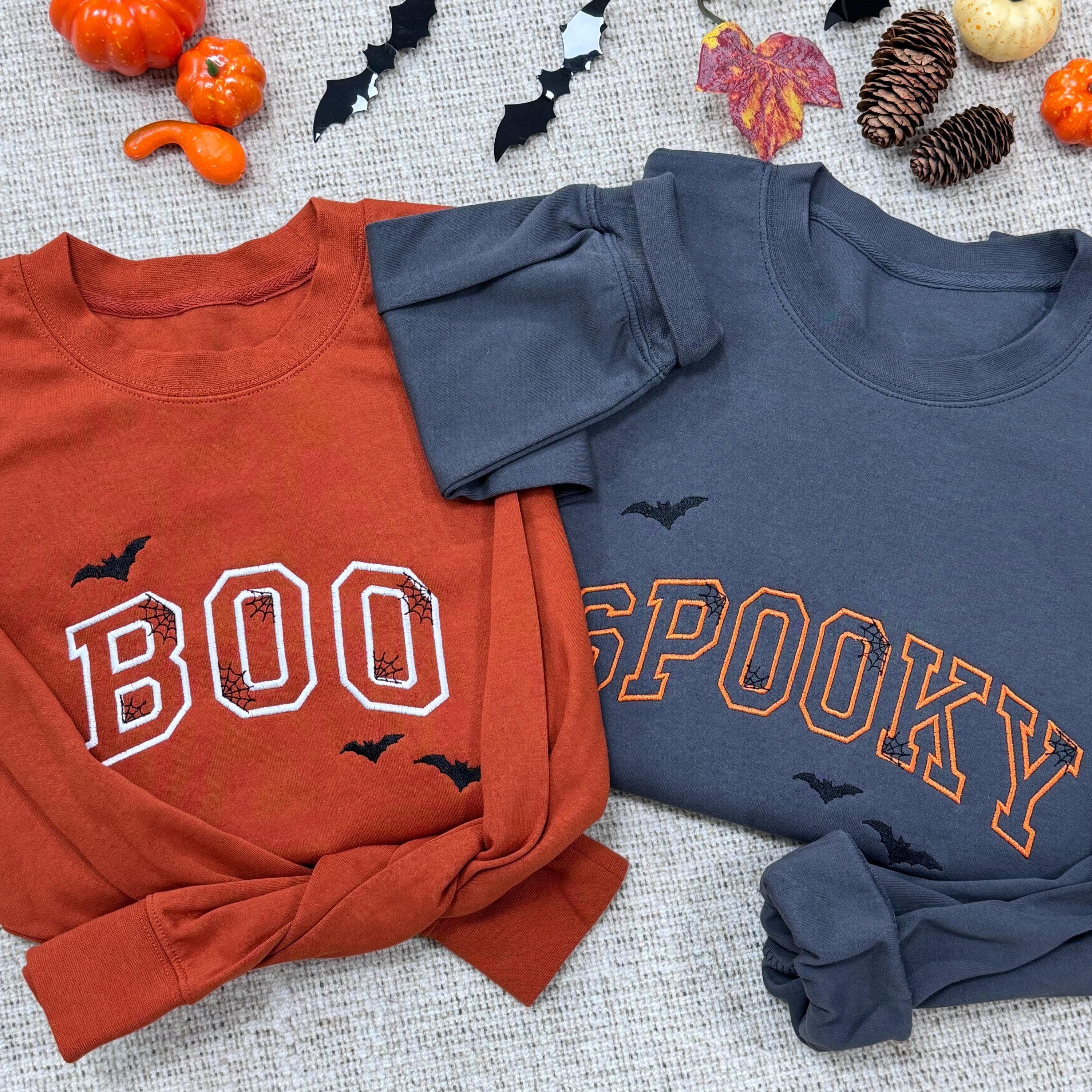 Spooky Boo Halloween Sweatshirt Cute Embroidered Fall Crewneck Bat Pumpkin Patch Matching Spooky Season Pullover grey l t Shirt