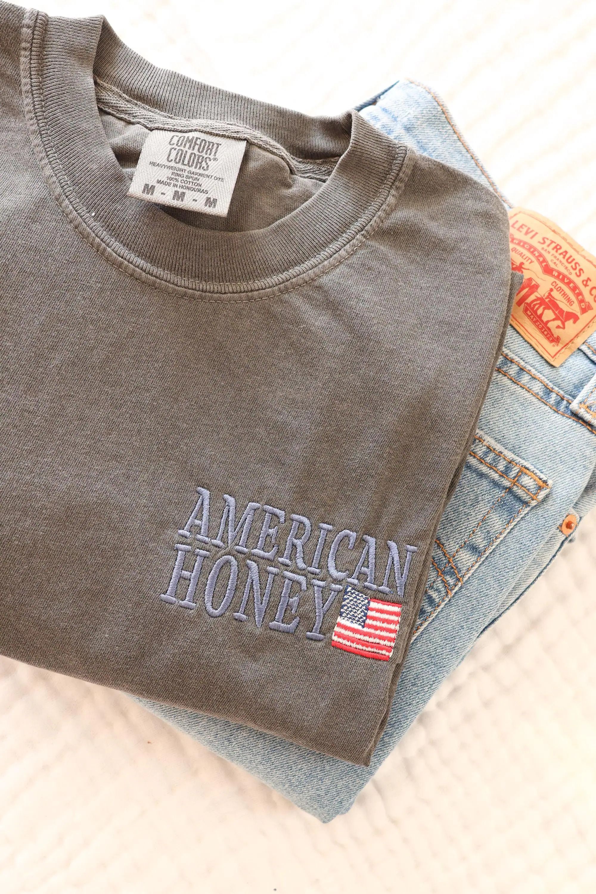 American Honey Embroidered Patriotic Tee Vintage USA 4th Of July Shirt heather Blue xl sweatshirt
