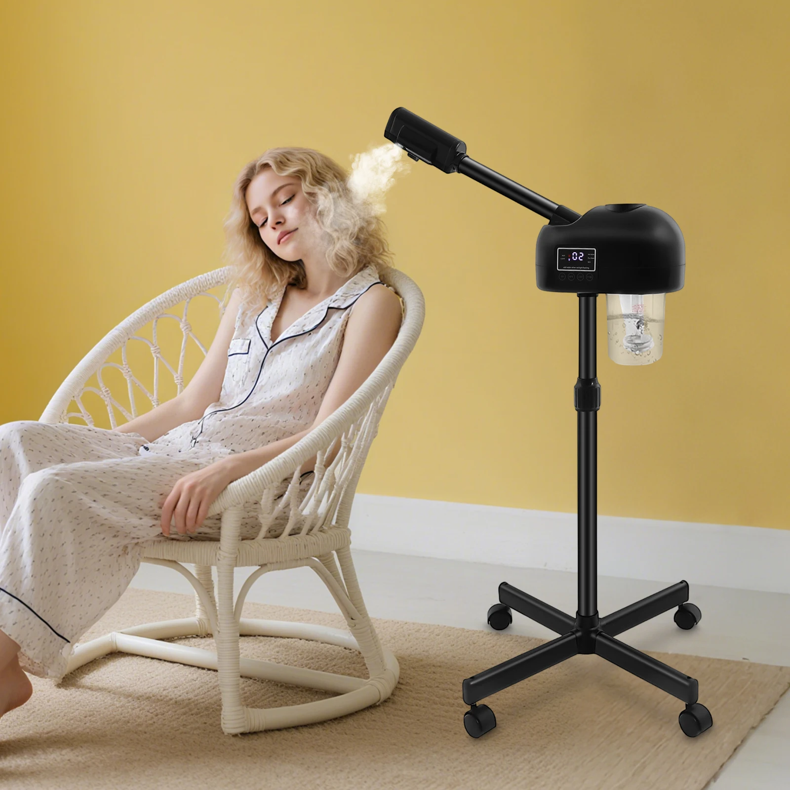 Schwarzer professioneller Gesichtsdampfer, Nano-Ionen-Ozon-Heißnebel mit LCD-Bildschirm, höhenverstellbar, für Salon, Zuhause, Spa, Alterungsreduzierung Image