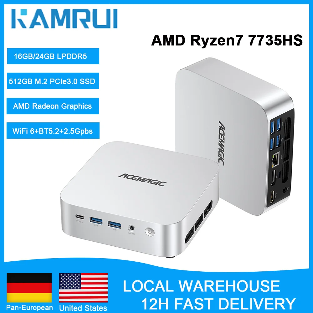 KAMRUI AMD Ryzen 7 7735HS Mini-PC 8-Kern 16-Thread 24GB LPDDR5 512GB NVMe PCIe3.0 SSD WiFi 6 Radeon 4K Gaming Desktop-Computer Image