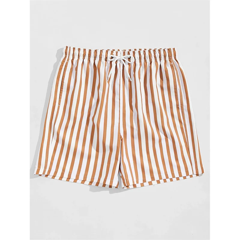 Dünne, vertikal gestreifte, bedruckte Strandshorts für Herren, Sommerkleidung, Alltag, Urlaub, lässig, schnell trocknend, Boardshorts, lockere Hose mit Kordelzug Image