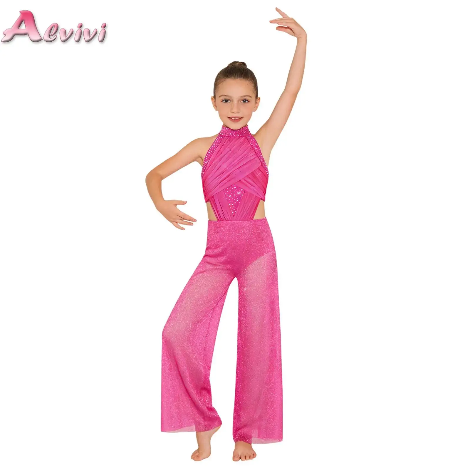 Schimmernder Tanz-Jumpsuit für Mädchen mit weitem Bein, Neckholder, ärmellos, gerafftem Mesh-Rücken, Strass-Ausschnitt und integriertem Slip Image