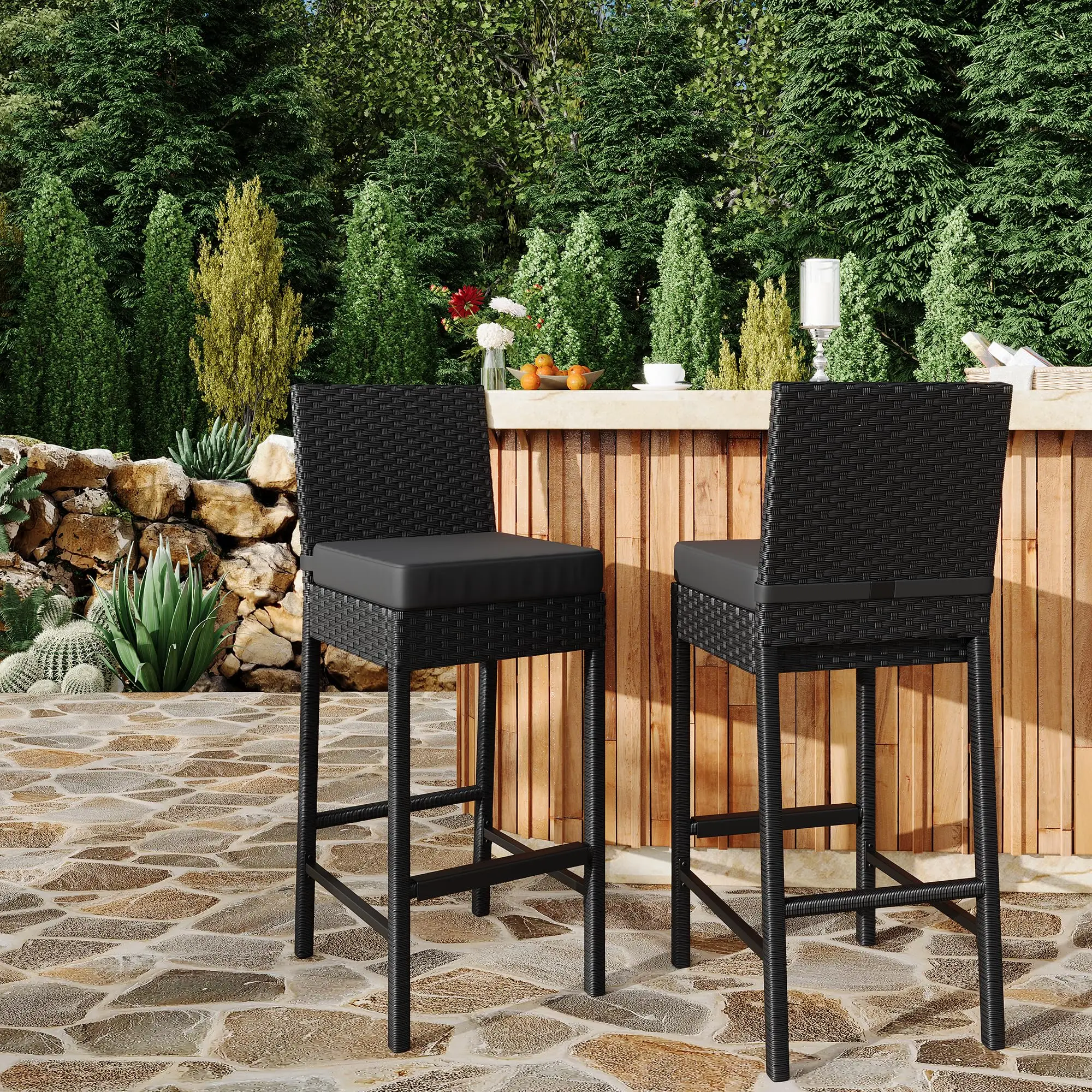 Terrassen-Barhocker aus Korbgeflecht mit Kissen, Outdoor-Barhocker aus Korbgeflecht, 2er-Set, Outdoor-Rattan-Barhocker-Set ohne Armlehnen für Backya