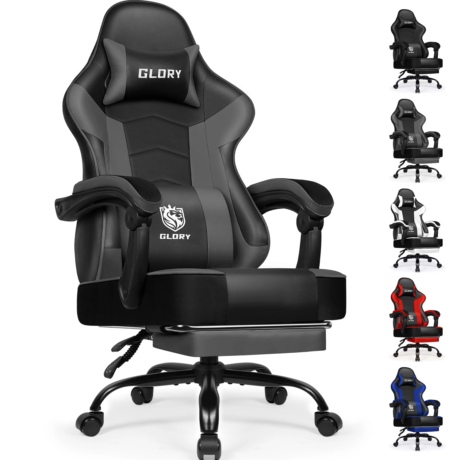 Portreen Gaming-Stuhl, ergonomischer Bürostuhl, Neigungsfunktion bis zu 170°, Gaming-Stuhl mit Fußstütze, verstellbares Lenden- und Kopfpolster, 10 cm Höhenverstellung, Belastbarkeit bis 150 kg, ideal für Gamer und das Homeoffice