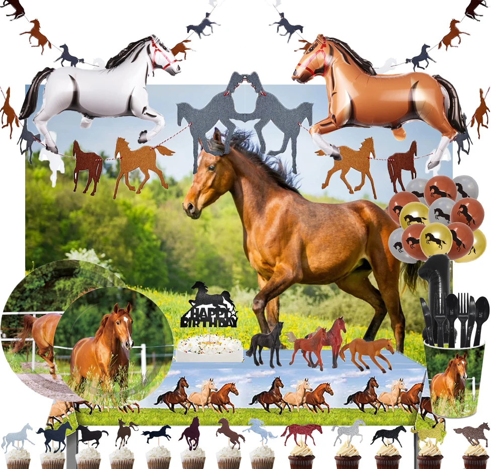 Horse Racing Party Dekorationen Einweg Geschirr Platten Servietten Tassen Baby Shower Boy Kinder Geburtstag Party Banner Luftballons Image