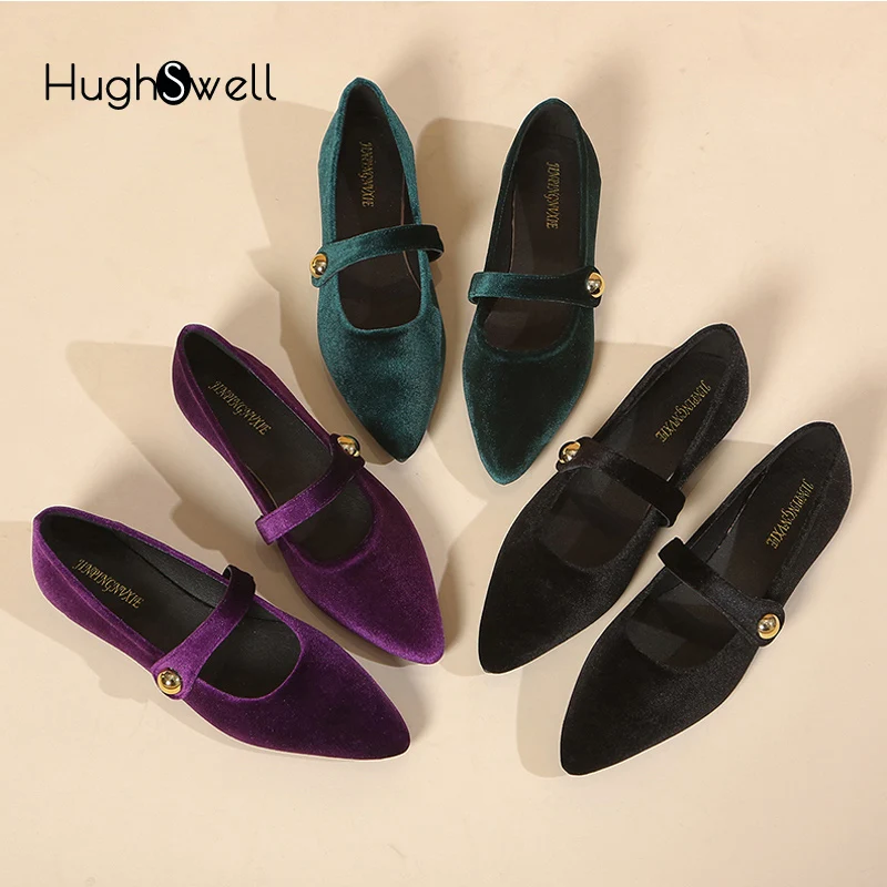 Elegante Samt-Ballerinas für Damen, luxuriöse Velours-Mary-Jane-Schuhe, Damen-Slipper mit spitzer Zehenpartie und Schnallenriemen in Lila und Grün