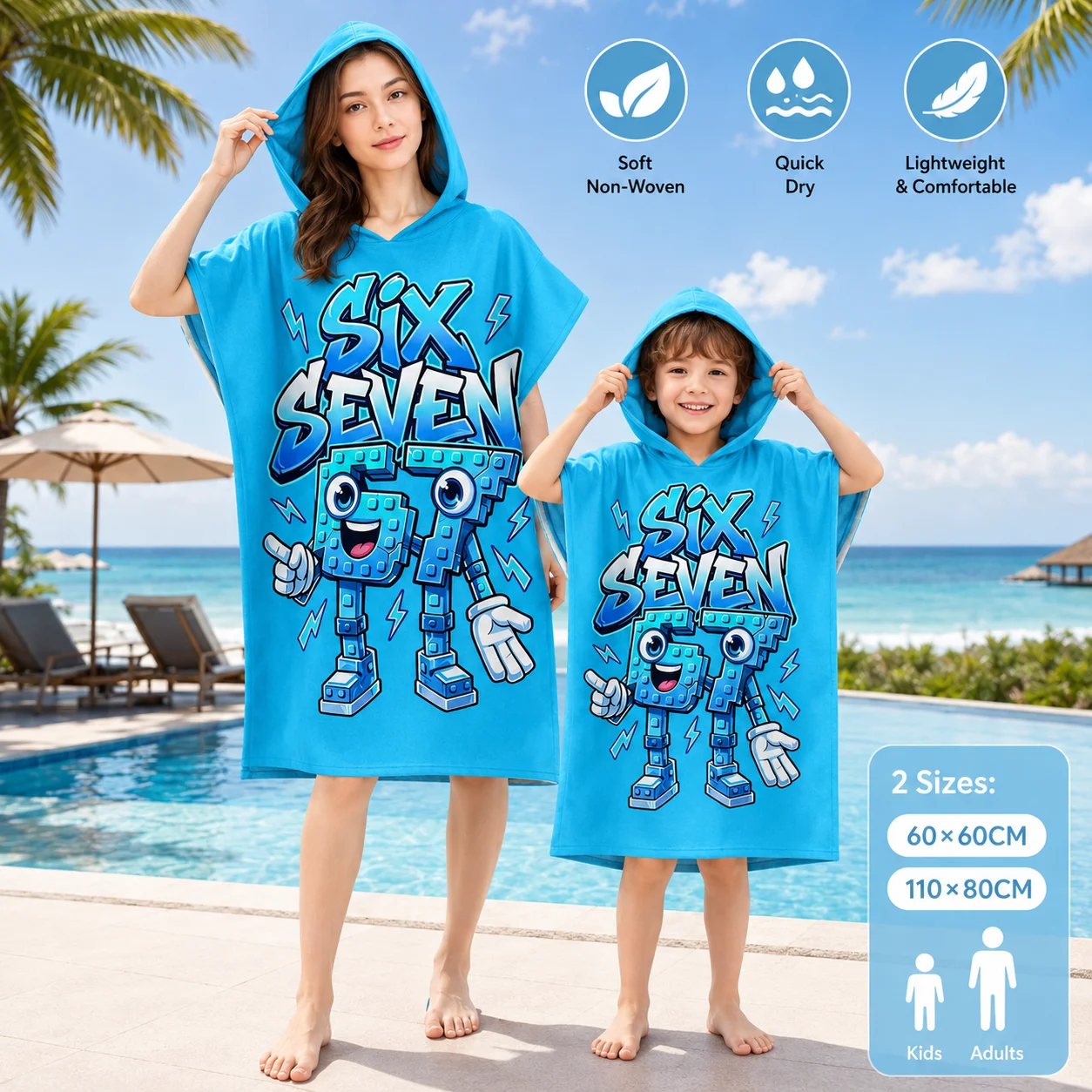 Six Seven Cartoon-Roboter-Kapuzenhandtuch mit Flachdruck, Cool Block Charakter-Bademantel für Kinder und Erwachsene, Pool-Party, Outdoor-Geschenk Image