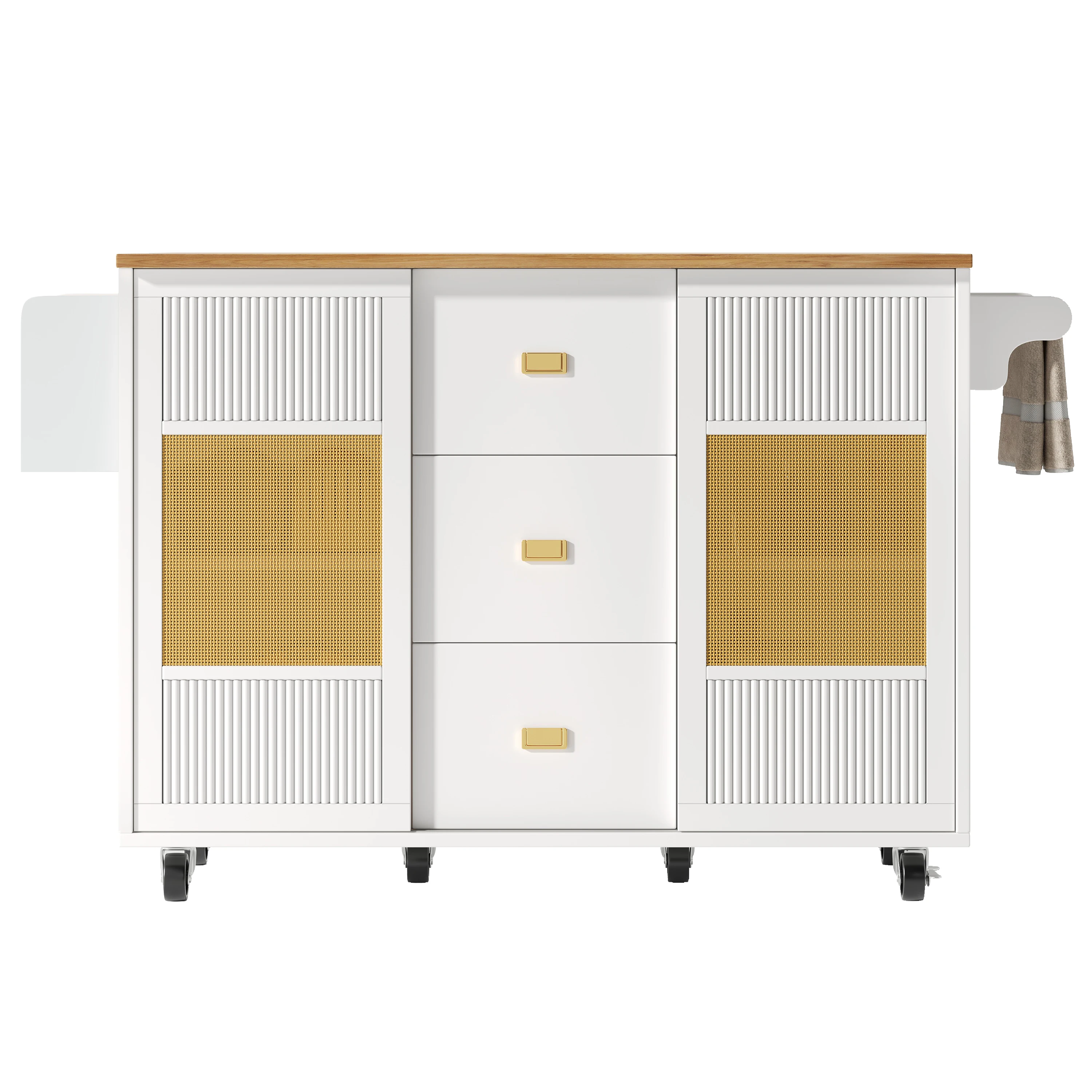 Kücheninsel Weiß mit klappbarer Tischplatte, 146,85 x 70 x 90 cm, Küchenwagen mit Rollen und Stauraum, Servierwagen aus MDF und Metall mit 3 Schubladen, Schiebetüren, Rattan-Design und Handtuchhalter Image