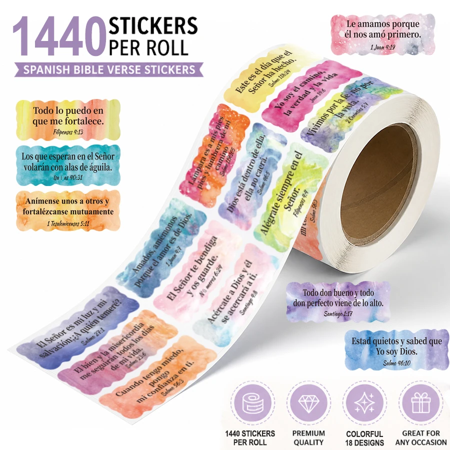 1440 Stück Spanische Bibelvers-Aufkleber Rolle Aquarell Inspirierende Schrift-Etiketten Christliche Glaubensaufkleber Image