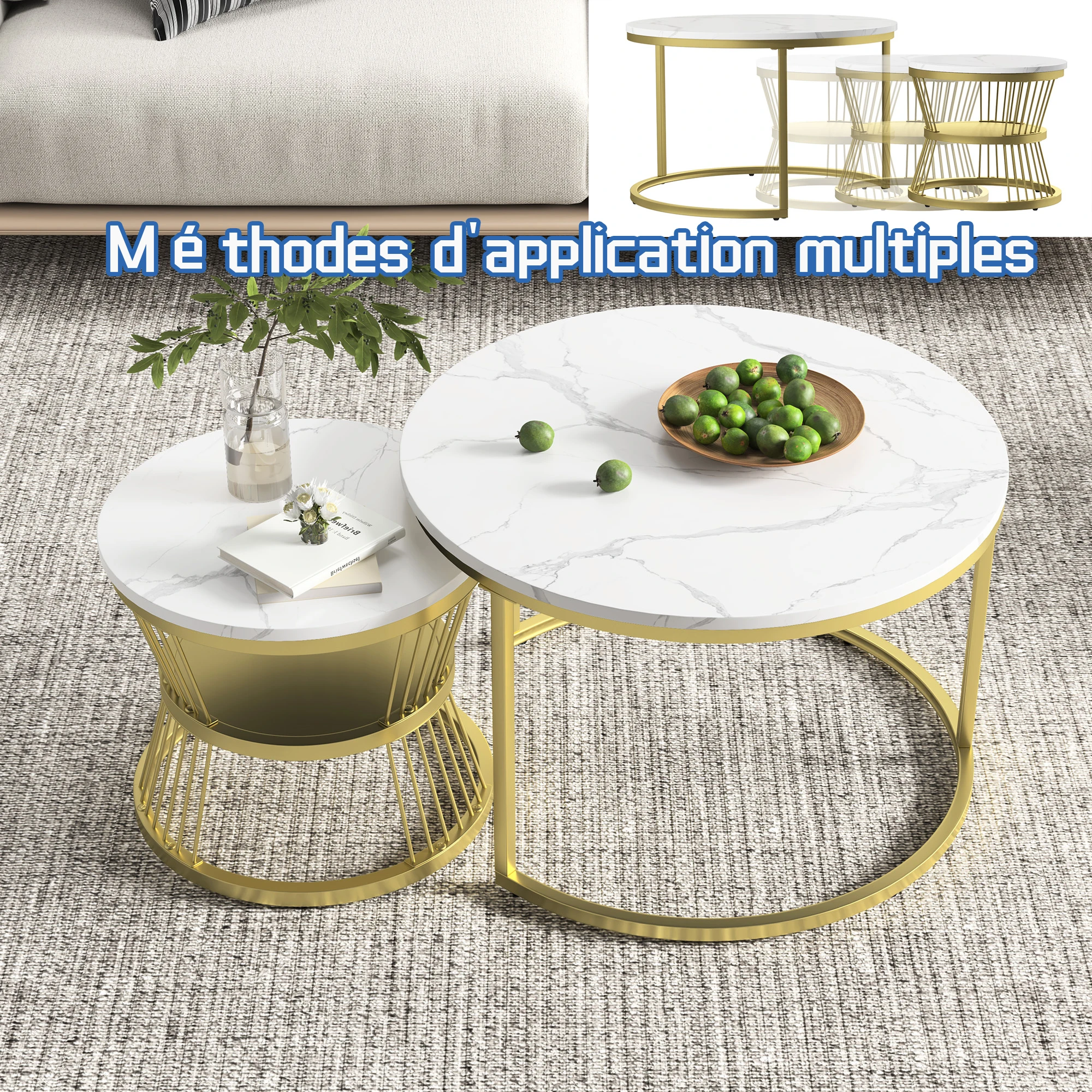 Ensemble de 2 Table Basses Ronde Table Dappoint, Table Gigogne Ronde Marbre, Table Ronde Marbre avec base dorée, Tables D