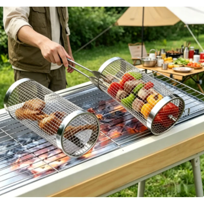 Edelstahl-Rollgrillkorb, Tragbarer BBQ-Grillkäfig, Wiederverwendbares Outdoor-Grillzubehör für Fleisch- und Gemüsegrillen Image