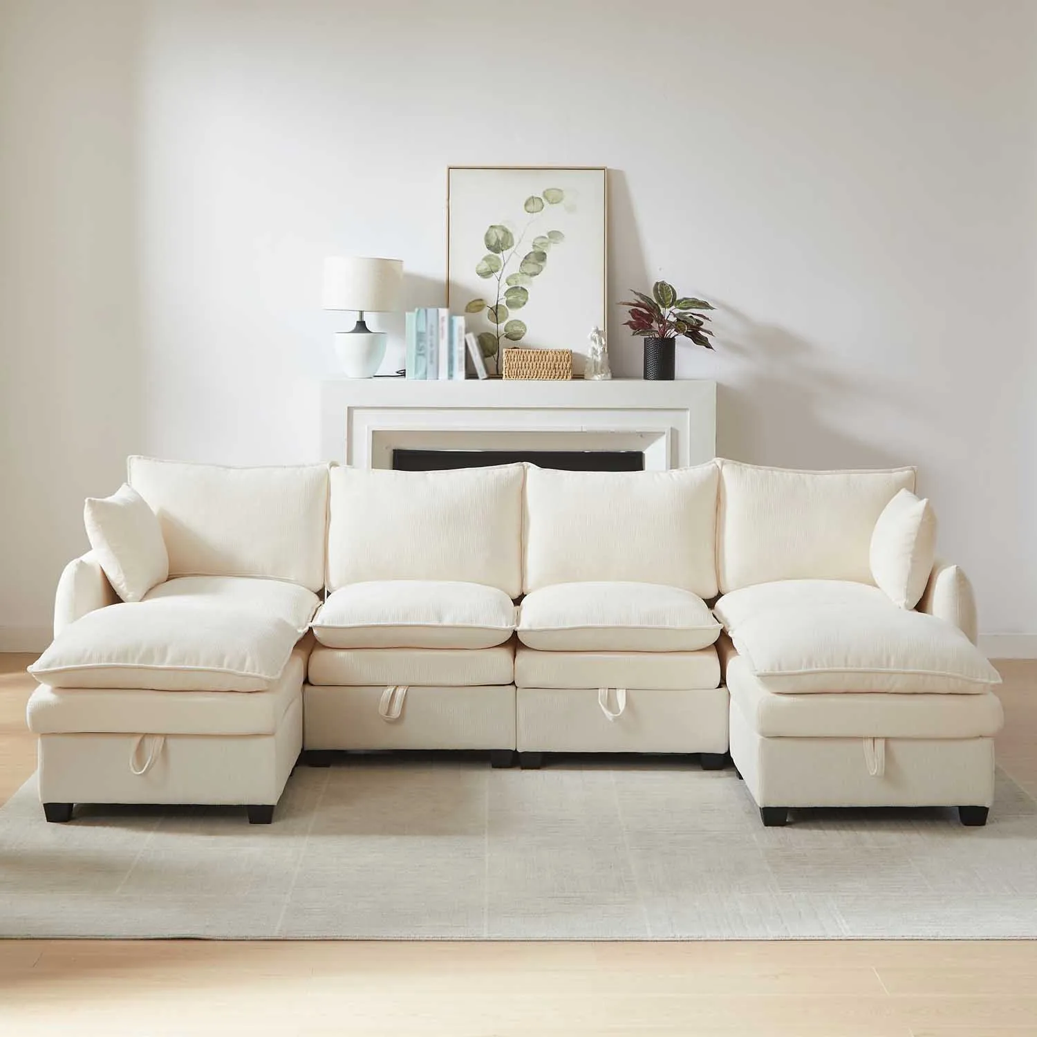 U‑förmiges Sofa mit Stauraum, modulares Sofa‑Set aus 4 Sitzelementen & 2 Fußhockern, modernes Sofa mit Kissen & Armlehnenkissen, Chenille‑Bezug, Massivholzrahmen – Beige