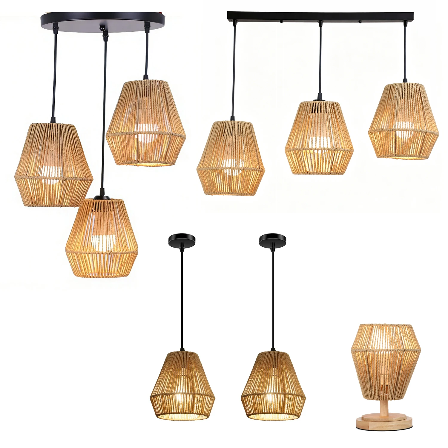 JOYINLED 3-Licht Pendelleuchte Handgewebter Weiden-Kronleuchter Boho Rattan Deckenleuchte für Schlafzimmer Wohnzimmer