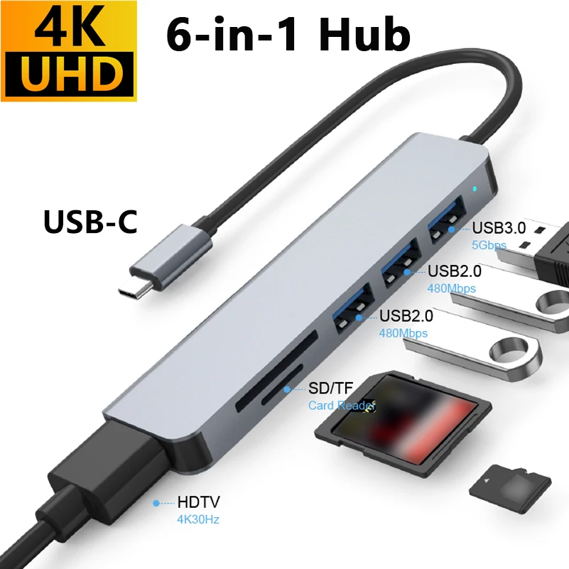 6-in-1 USB-C Hub 4K30Hz HDTV SD TF Kartenleser USB 3.0 5Gbps 2 USB 2.0 480Mbps Aluminium Plug-and-Play für Laptop Home Office Image