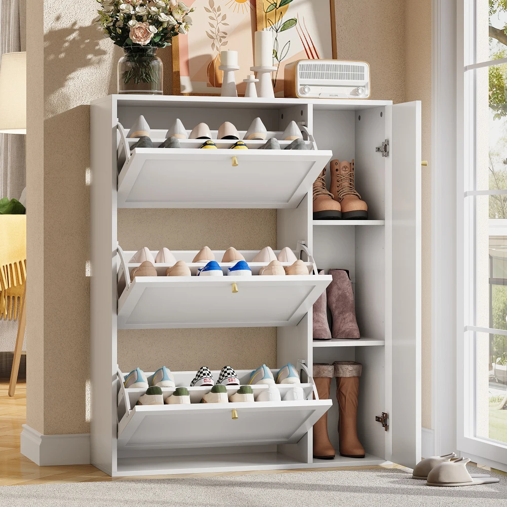 Schmaler Schuhschrank mit 3 Klapptüren und 1 Tür, freistehender Schuhschrank für den Flur, verstellbare Trennwände, Weiß, 90 x 25 x 114 cm