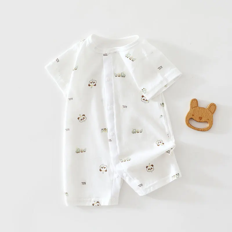 2026 Sommer Baumwoll-Baby-Bodysuit mit Cartoon-Print, kurzärmeliger Strampler für Kleinkinder, dünn, weich, weiß, Einteiler Image