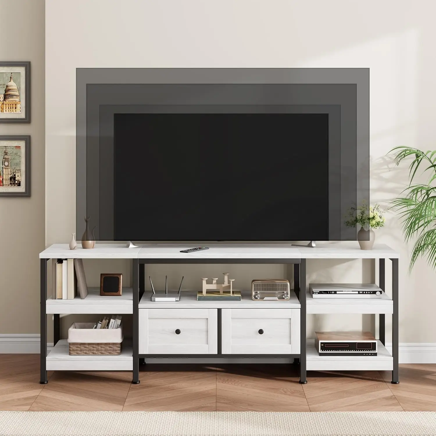 160 cm Industrie-TV-Ständer für 65-Zoll-Fernseher: Medienkonsole mit 2 Schubladen und 5 Ablagen, Metallrahmen und rustikaler Holzplatte, Entertainment-Center Image
