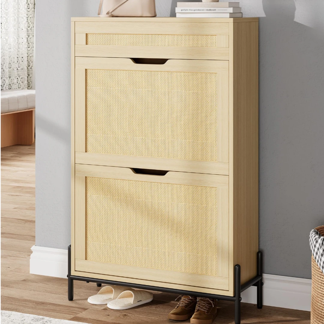 BonHaus Schmale Schuhschrank mit Weidentür, Eingangsmöbel mit 1 Schublade und 2 Klappen, Schuhschrank mit Metallsockel für Eingang und Wohnzimmer, 60 x 22 x 105 cm