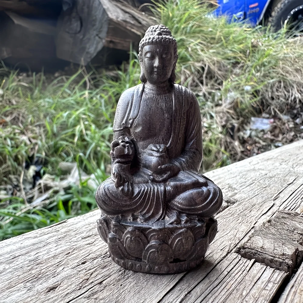 3,8 Zoll große Buddha-Statue aus Holz, handgeschnitztes Ornament, im Folk-Stil, geeignet für Heimdekoration, Teetisch-Dekoration, Schreibtisch-Ornament, Büro, Schlafzimmer, Tischdekoration,